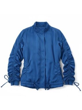 On The Road Blue Ruched Sleeve Zip Jacket Lightweight Knit Small NWT